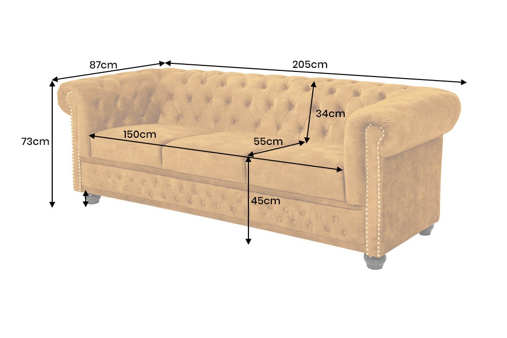 CHESTERFIELD Barock Sofa  205cm senfgelb Samt Federkern Knopfheftung 3-Sitzer Couch
