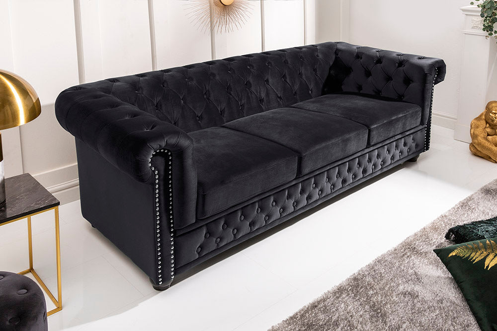 CHESTERFIELD Barock Sofa 205cm schwarz Samt Federkern Knopfheftung 3-Sitzer Couch