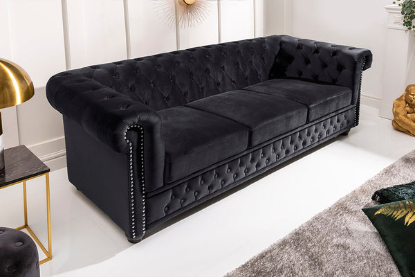 CHESTERFIELD Barock Sofa 205cm schwarz Samt Federkern Knopfheftung 3-Sitzer Couch