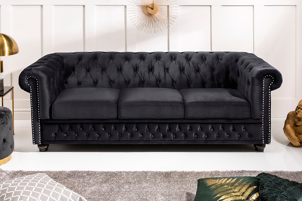 CHESTERFIELD Barock Sofa 205cm schwarz Samt Federkern Knopfheftung 3-Sitzer Couch