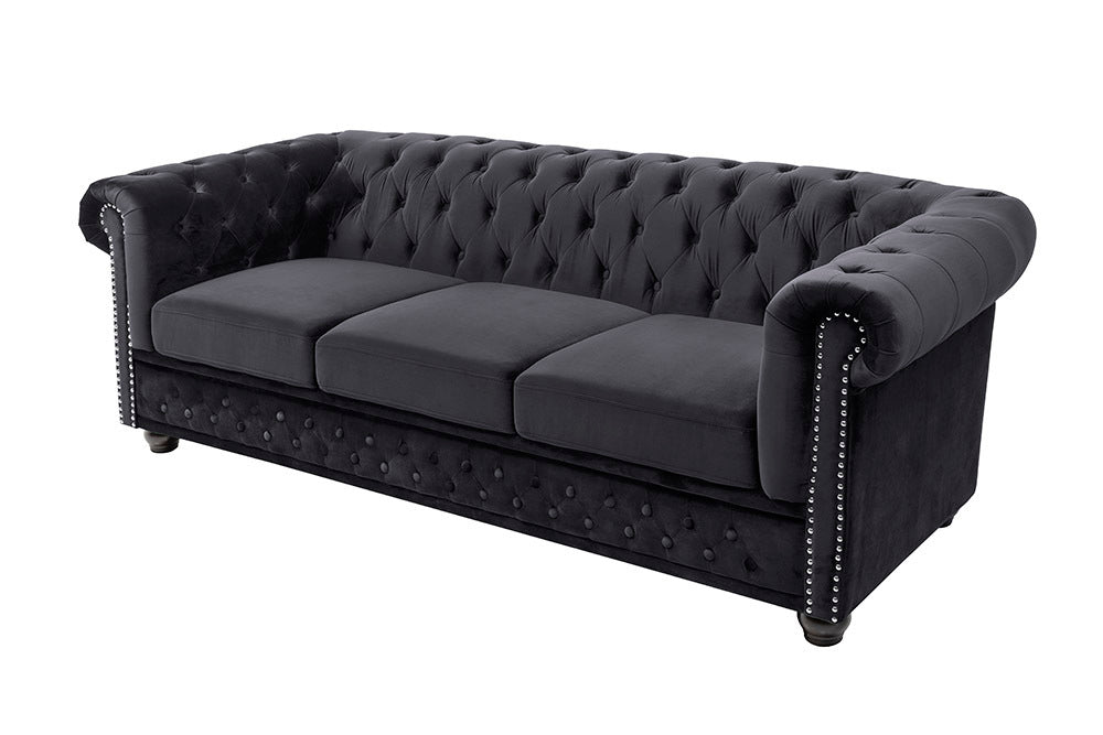 CHESTERFIELD Barock Sofa 205cm schwarz Samt Federkern Knopfheftung 3-Sitzer Couch