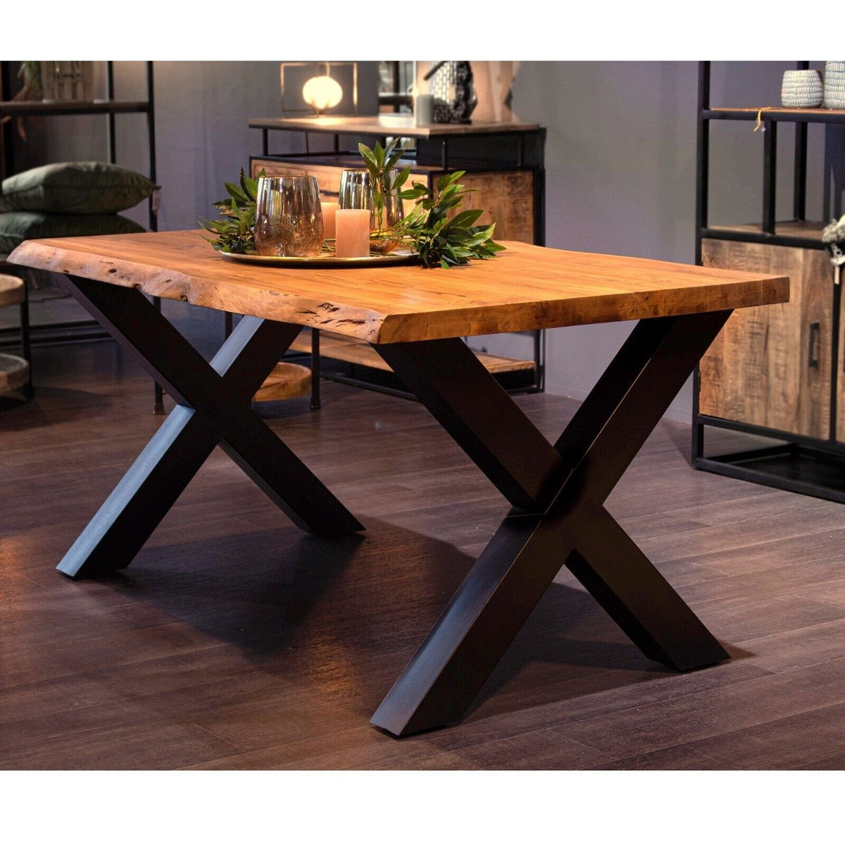 Esstisch Esstisch Massivholz Akazie Baumkante Natur 140-300cm länge 5cm Platte