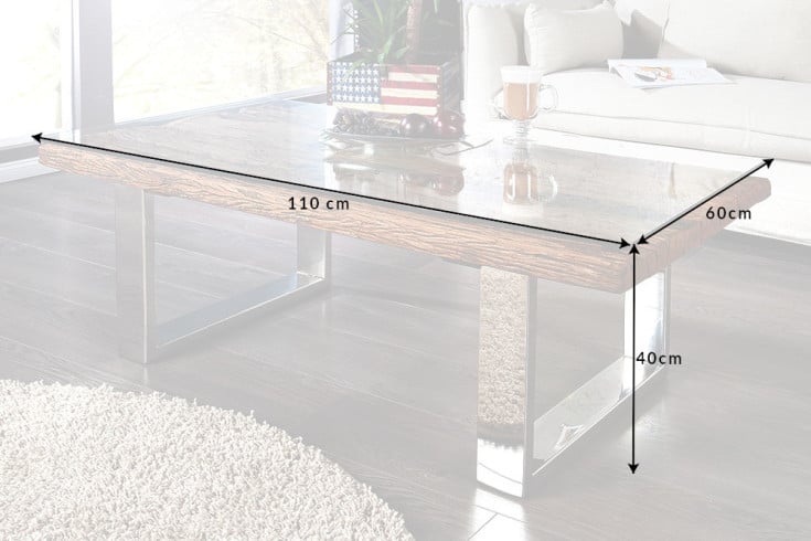 BARRACUDA Eindrucksvoller Couchtisch 110cm antik Teakholz mit Kufengestell und Glas