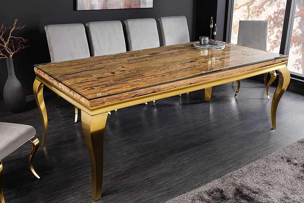 MODERN BAROCK Design Esstisch 200cm natur Teakholz Edelstahl Glasplatte