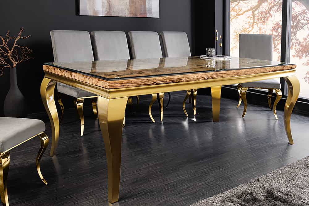 MODERN BAROCK Design Esstisch 200cm natur Teakholz Edelstahl Glasplatte