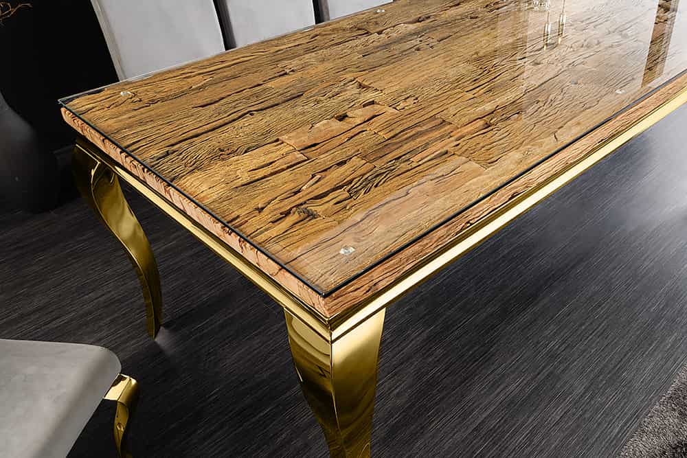 MODERN BAROCK Design Esstisch 200cm natur Teakholz Edelstahl Glasplatte