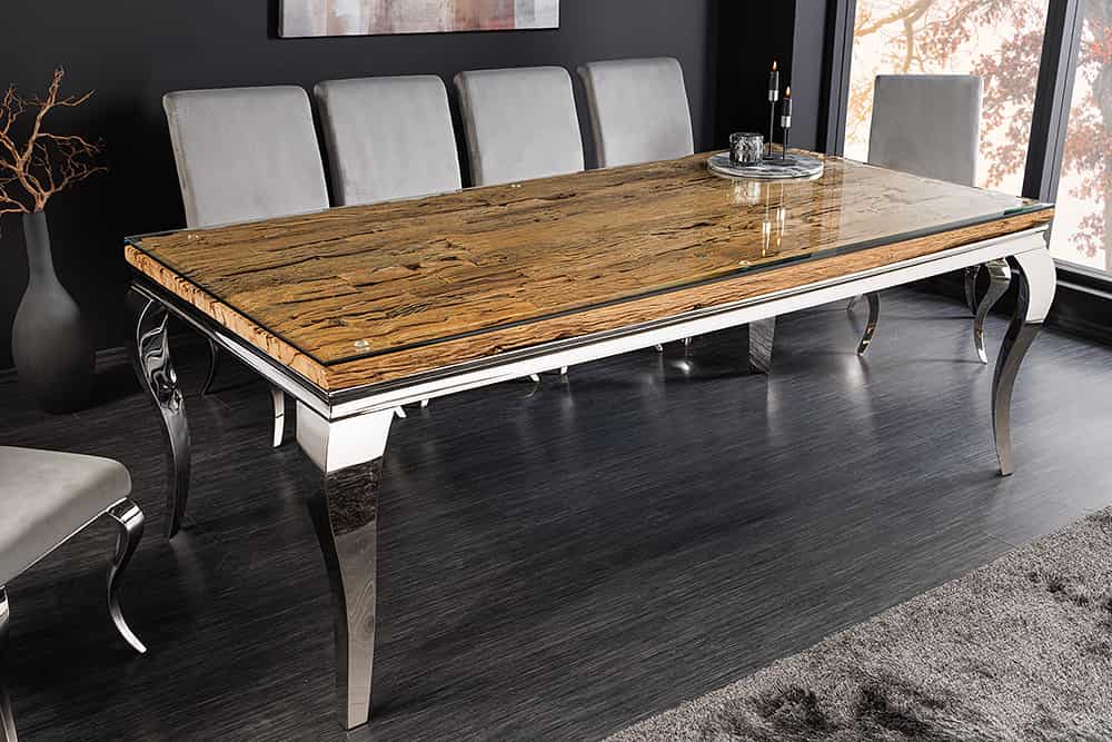 MODERN BAROCK Design Esstisch 200cm natur Teakholz Edelstahl Glasplatte