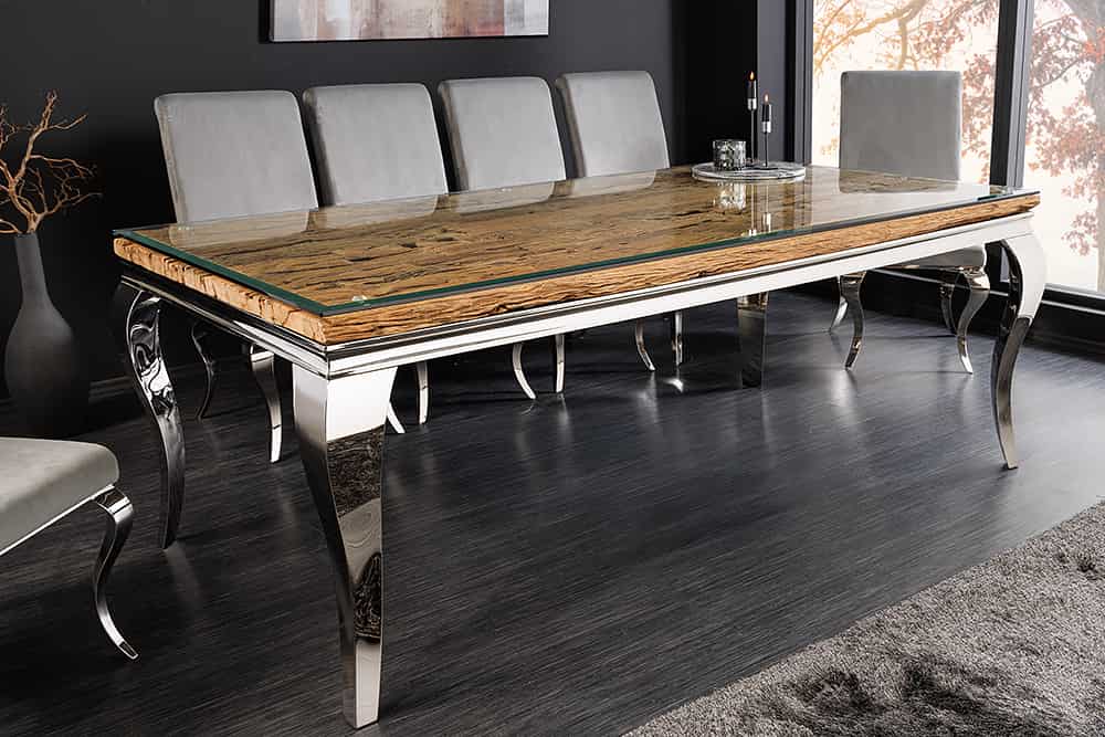 MODERN BAROCK Design Esstisch 200cm natur Teakholz Edelstahl Glasplatte