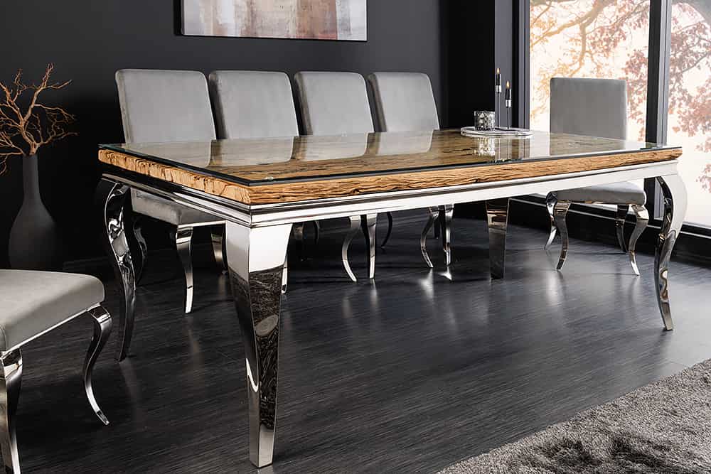 MODERN BAROCK Design Esstisch 200cm natur Teakholz Edelstahl Glasplatte