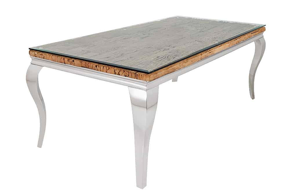 MODERN BAROCK Design Esstisch 200cm natur Teakholz Edelstahl Glasplatte