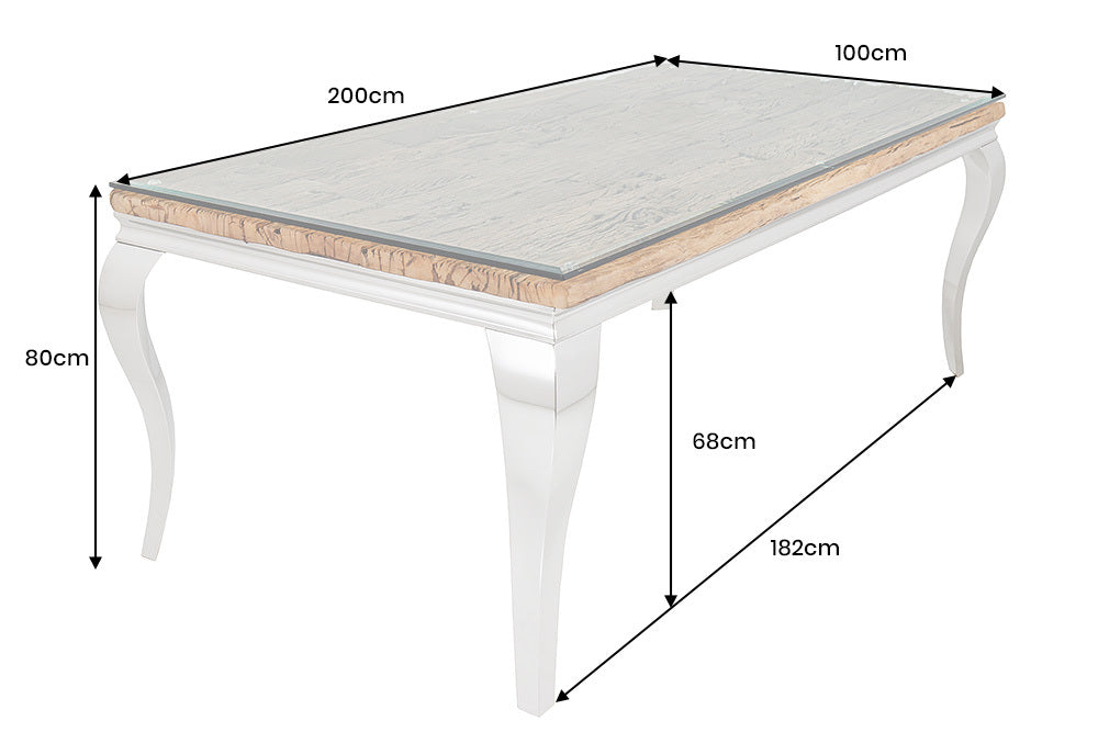 MODERN BAROCK Design Esstisch 200cm natur Teakholz Edelstahl Glasplatte