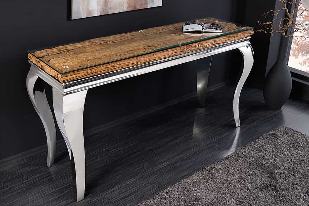 MODERN BAROCK Design Konsolentisch 140cm natur chrom Teakholz Edelstahl Glasplatte
