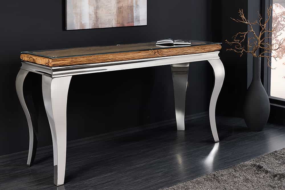 MODERN BAROCK Design Konsolentisch 140cm natur chrom Teakholz Edelstahl Glasplatte