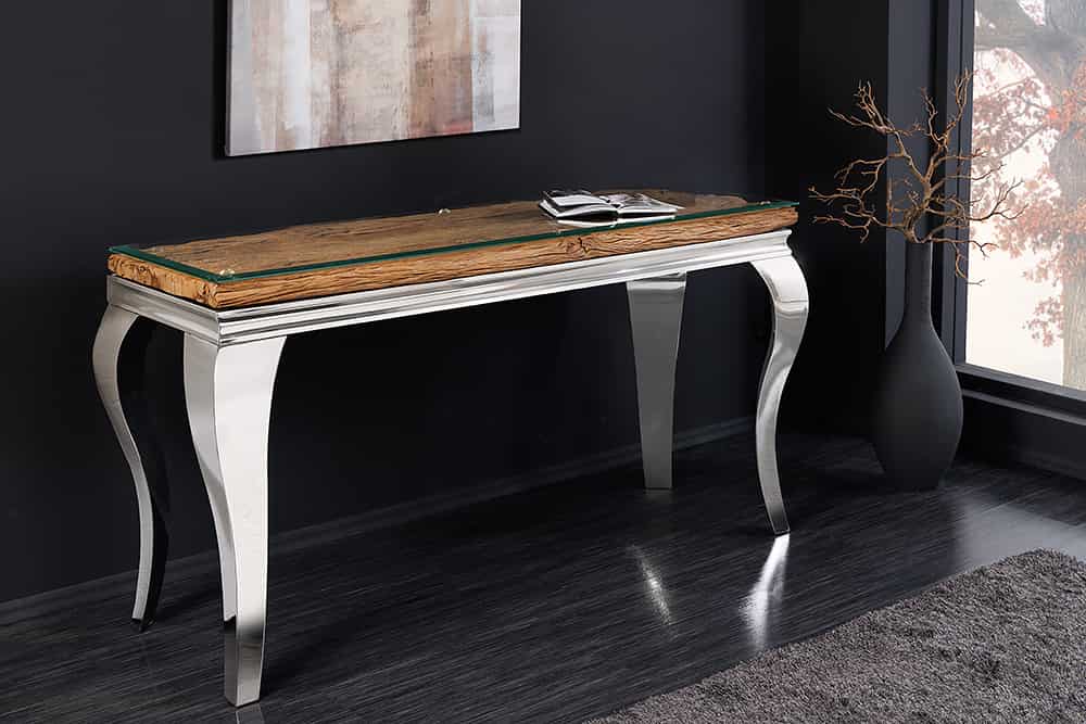 MODERN BAROCK Design Konsolentisch 140cm natur chrom Teakholz Edelstahl Glasplatte