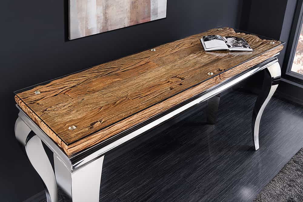 MODERN BAROCK Design Konsolentisch 140cm natur chrom Teakholz Edelstahl Glasplatte