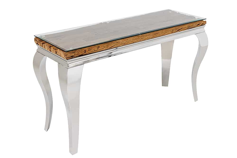 MODERN BAROCK Design Konsolentisch 140cm natur chrom Teakholz Edelstahl Glasplatte