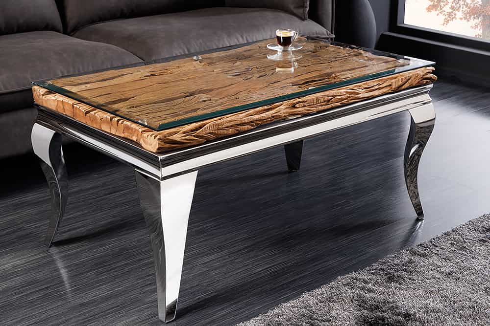 MODERN BAROCK Design Couchtisch 100cm natur chrom Teakholz Edelstahl Glasplatte