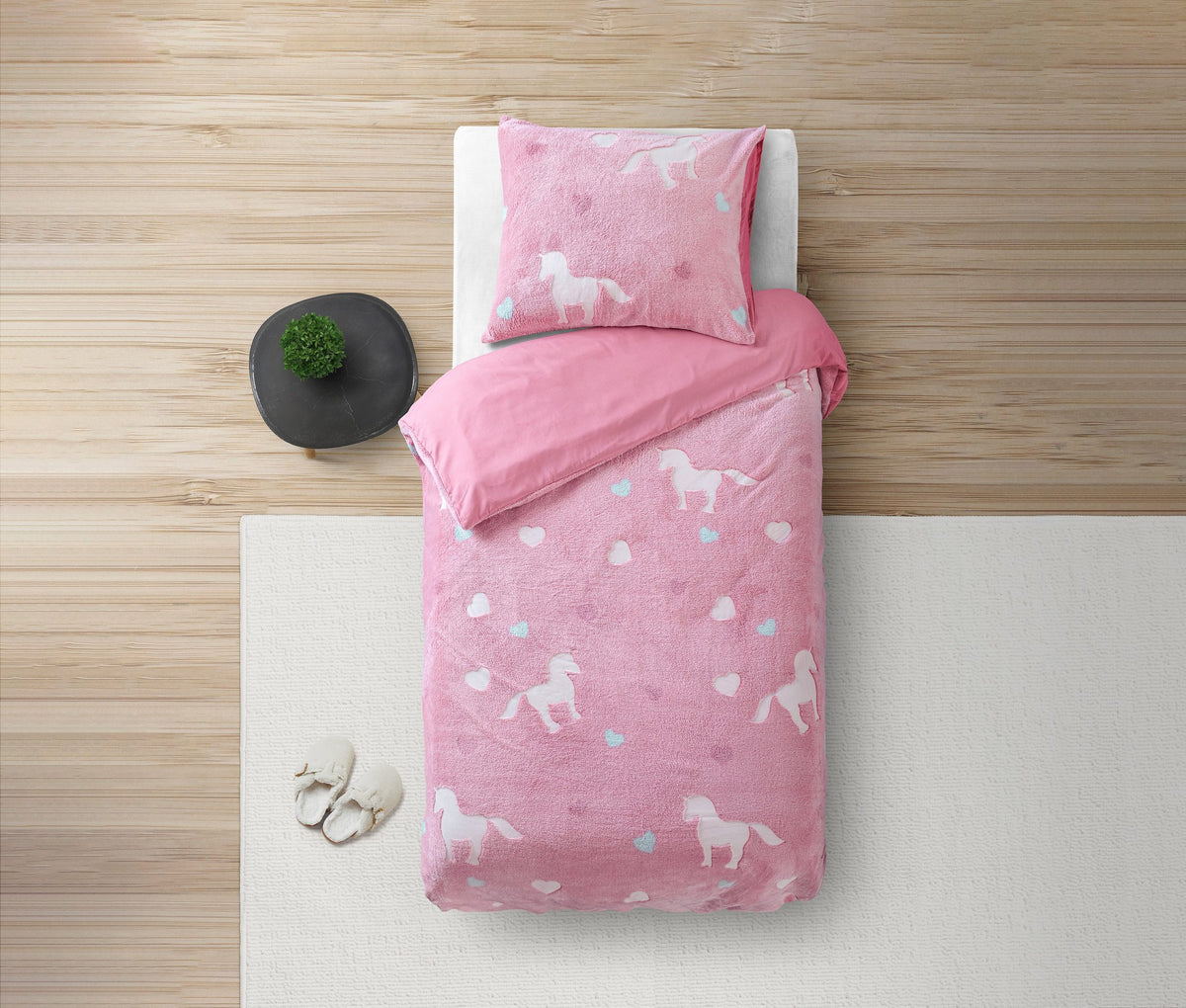 Kinderbettwäsche Glow in the Dark Einhorn-Rosa