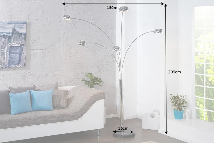 FIVE LIGHTS Design Bogenlampe 205cm chrom Stehlampe mit schwarzem Marmorfuß