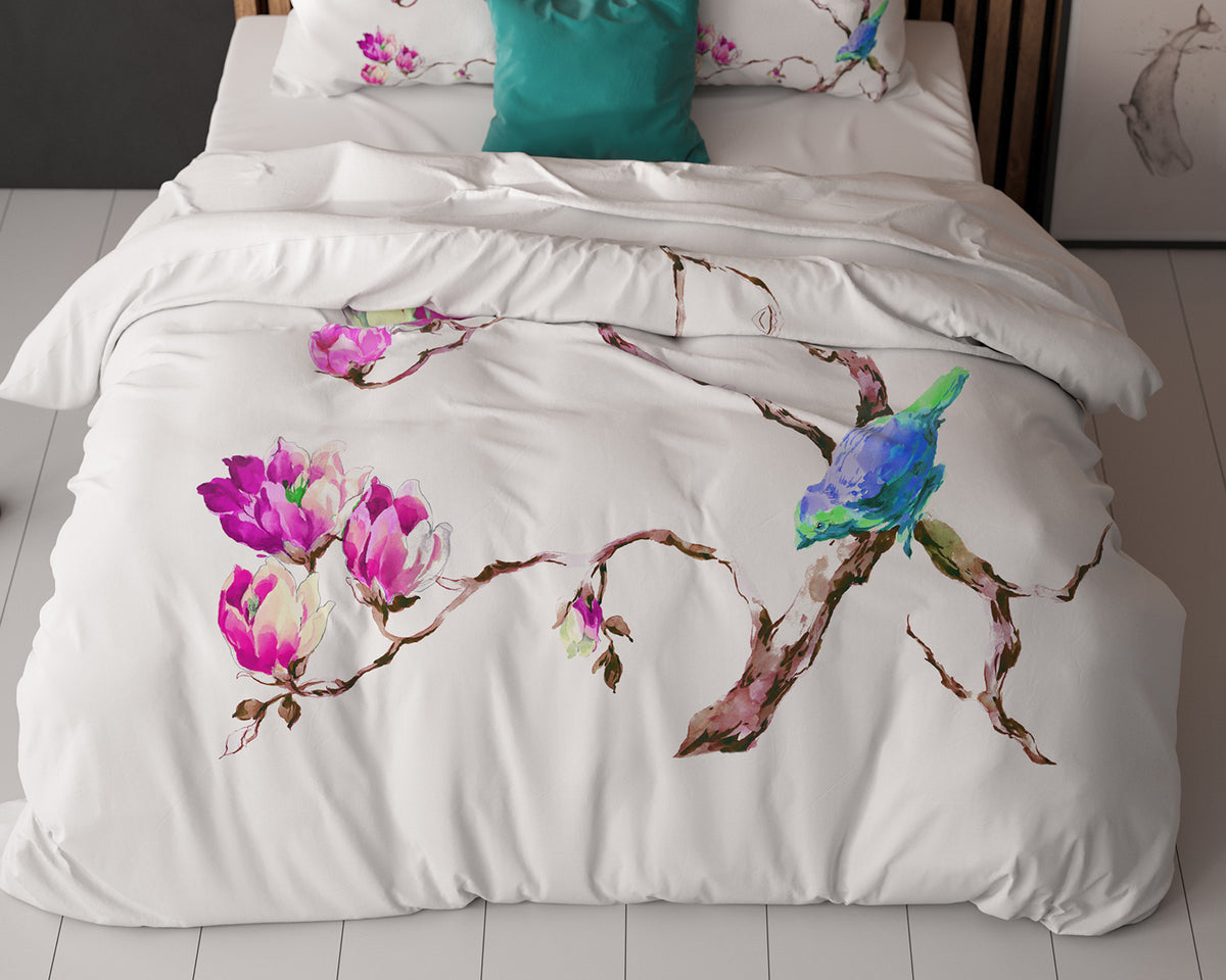 Bettwäsche Magnolien Weiß Bettbezug mit Kissenbezug