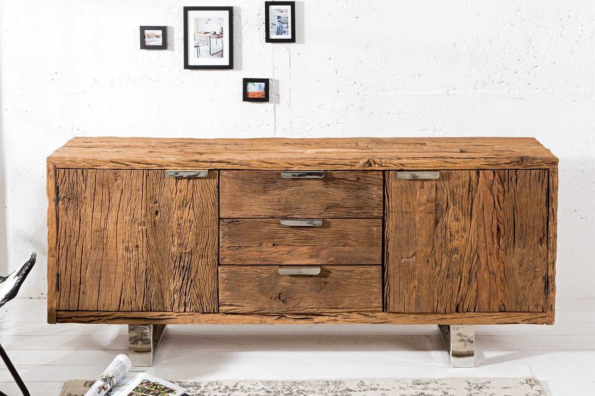 BARRACUDA Massives Sideboard 160cm Teak antik mit Stahl Kufenfüßen