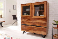 AMAZONAS Massives Highboard 140cm braun Sheeshamholz Vitrine mit Baumkante