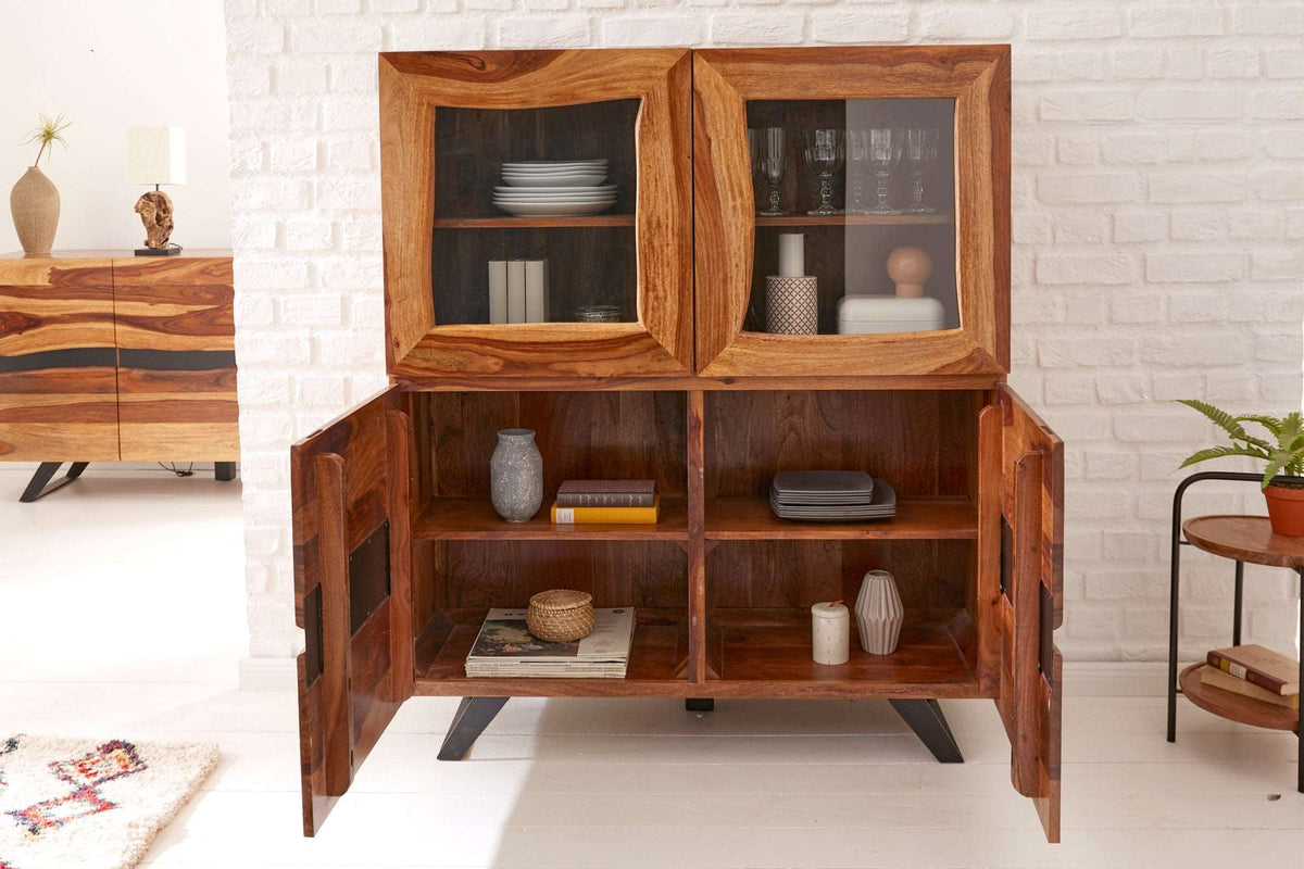 AMAZONAS Massives Highboard 140cm braun Sheeshamholz Vitrine mit Baumkante