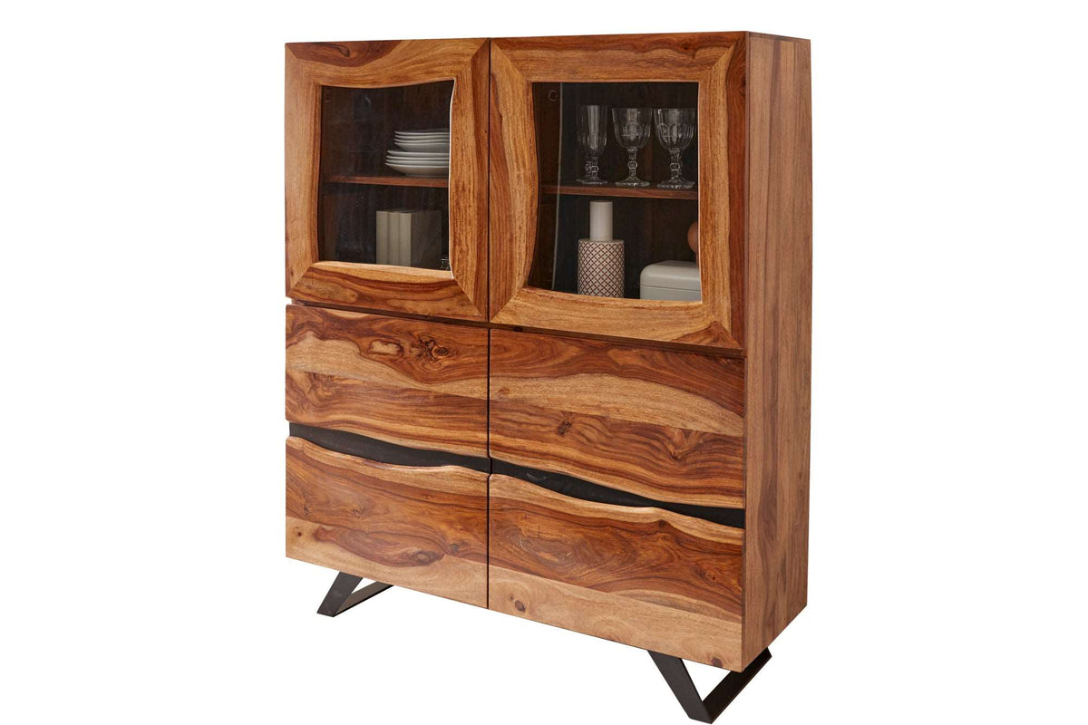 AMAZONAS Massives Highboard 140cm braun Sheeshamholz Vitrine mit Baumkante