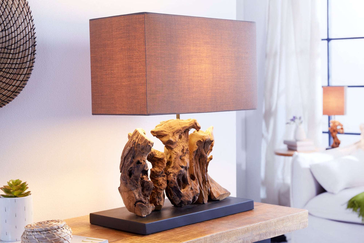 ARAGON Handgefertigte Tischlampe 50cm braun Treibholz-Fuß mit Leinenschirm