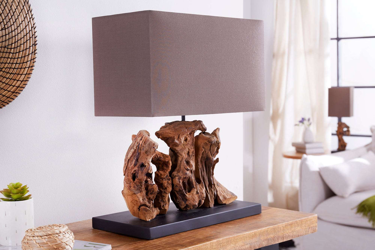 ARAGON Handgefertigte Tischlampe 50cm braun Treibholz-Fuß mit Leinenschirm