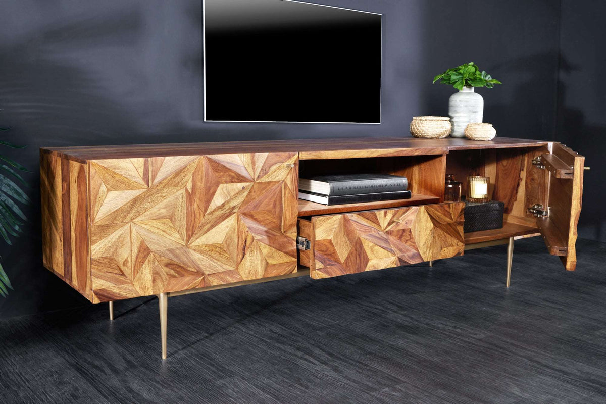 ALPINE Massives TV-Board 160cm Sheesham stone finish Metall matt gold