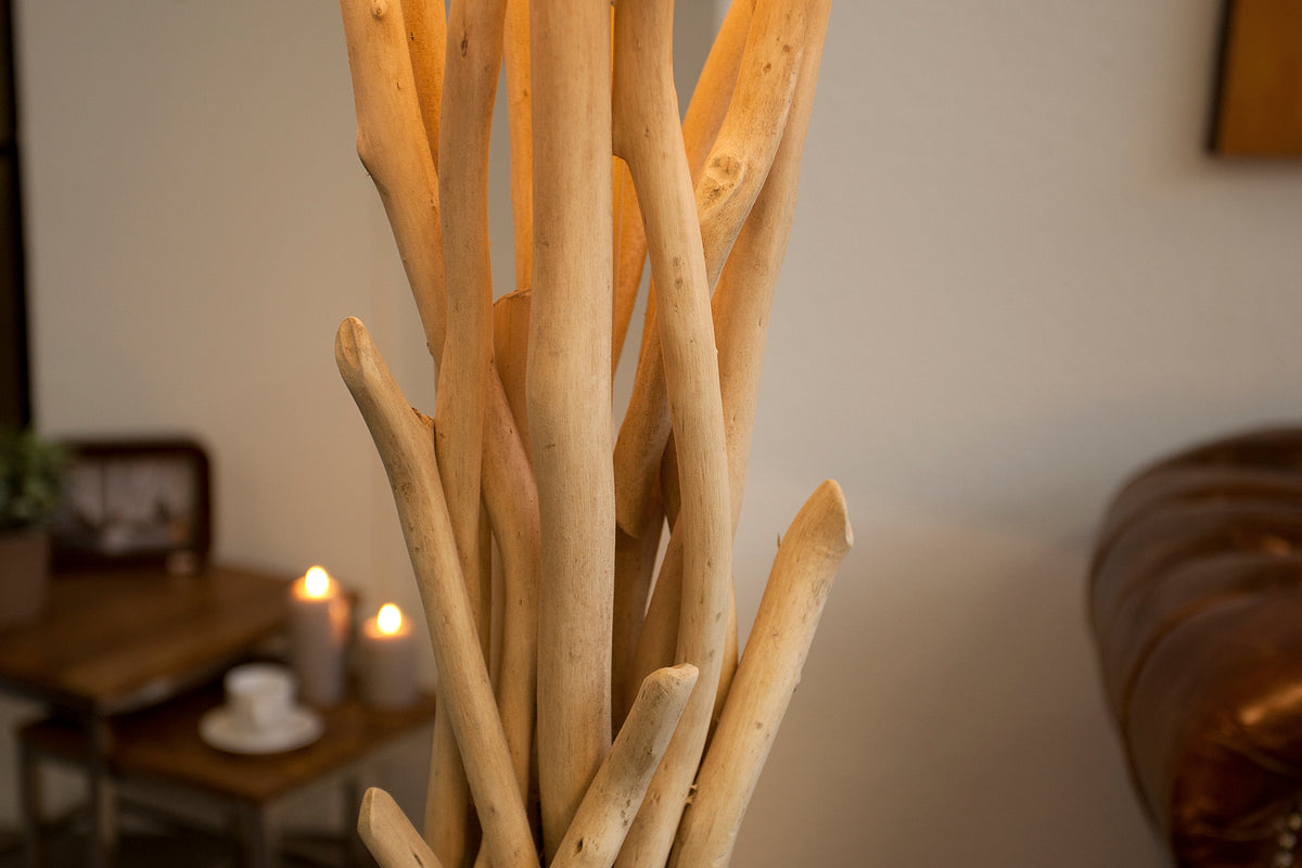 Handgefertigte Treibholz Stehlampe WILD NATURE 155cm sand mit Leinenschirm