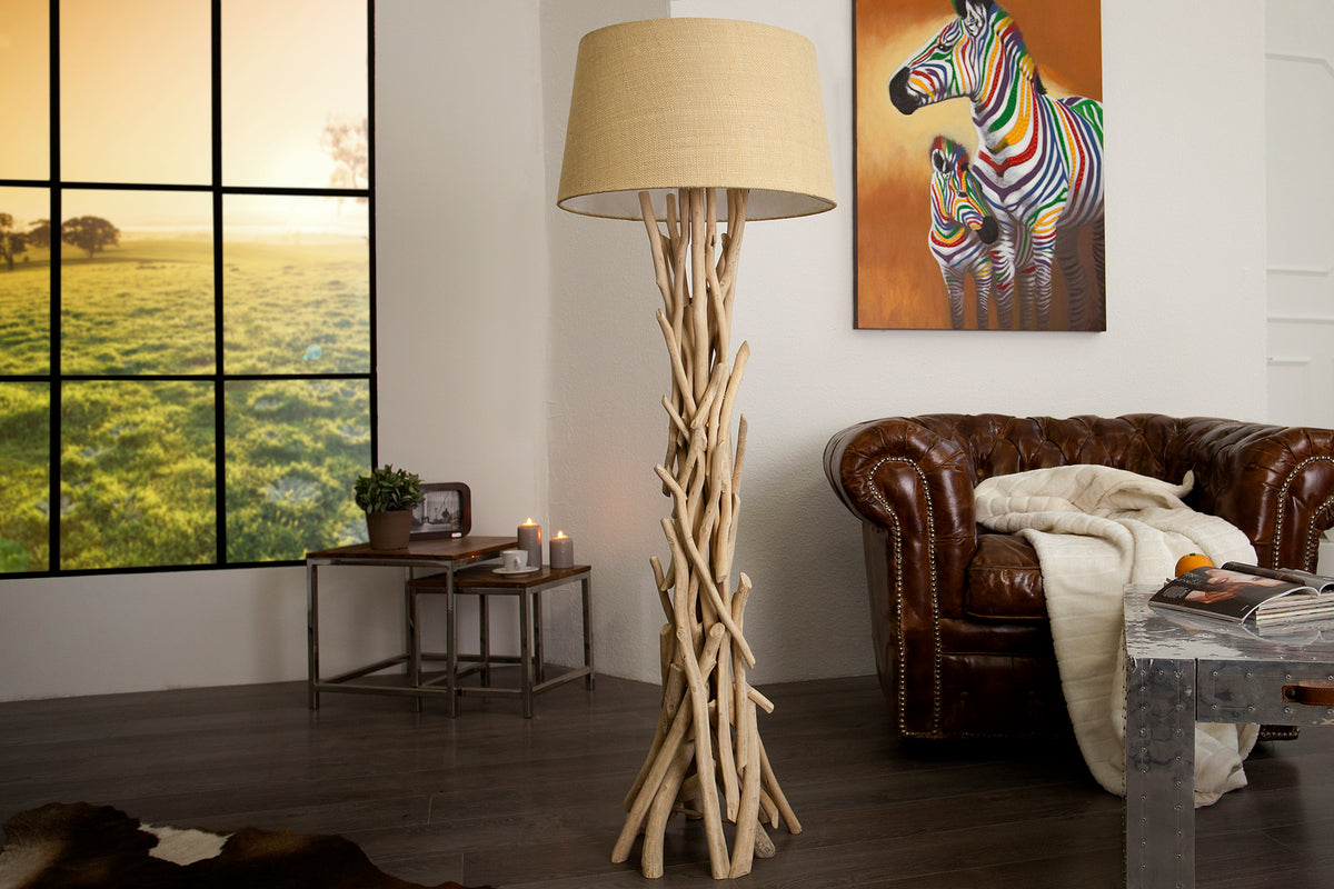 Handgefertigte Treibholz Stehlampe WILD NATURE 155cm sand mit Leinenschirm
