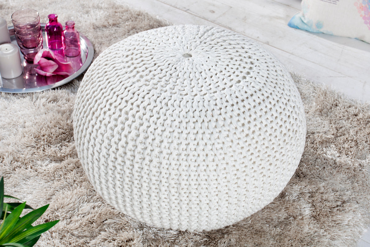LEEDS Design Knitted Pouf 50cm white cotton handmade seat cushion