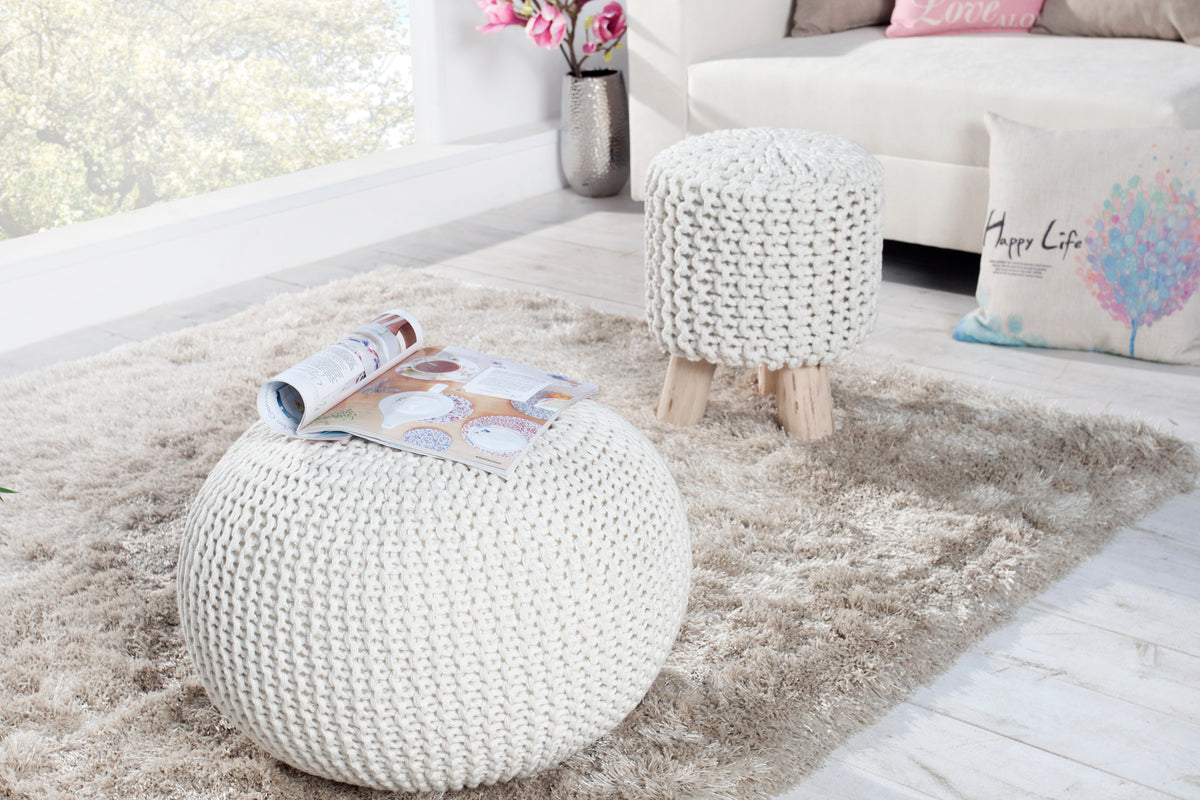 LEEDS Design Knitted Pouf 50cm white cotton handmade seat cushion