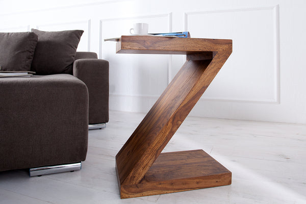 Solid side table Z 45cm Sheesham stone finish Z shape unique grain
