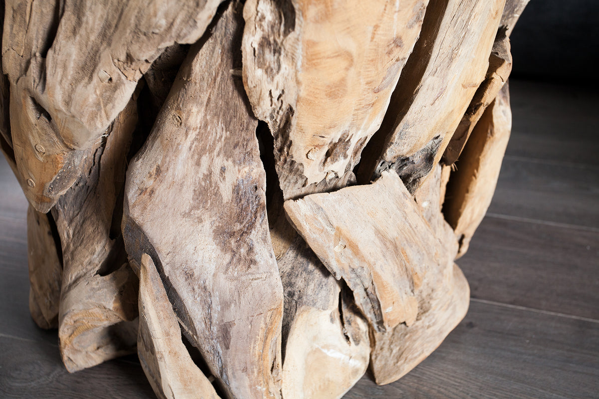 RIVERSIDE Handgearbeiteter Couchtisch 60cm Teakholz runde Glasplatte Massivholz