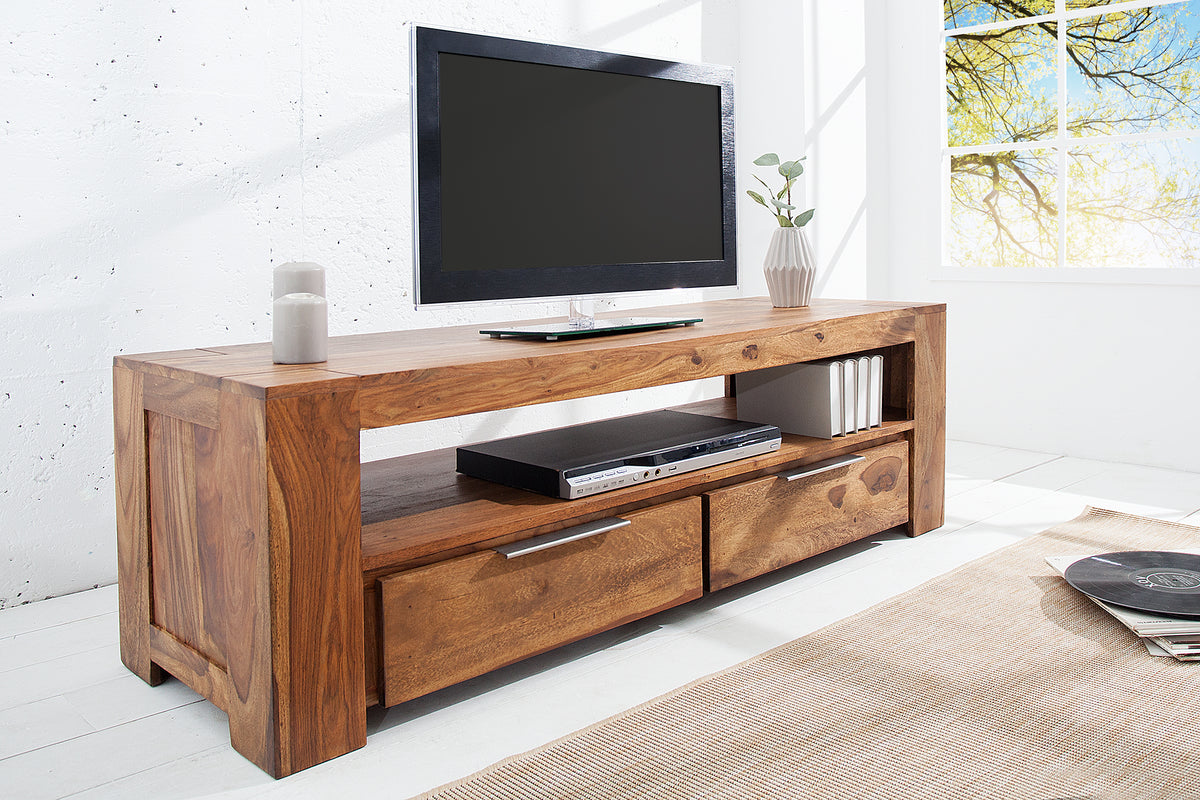 MAKASSAR Solid TV board 130cm Sheesham lowboard two drawers