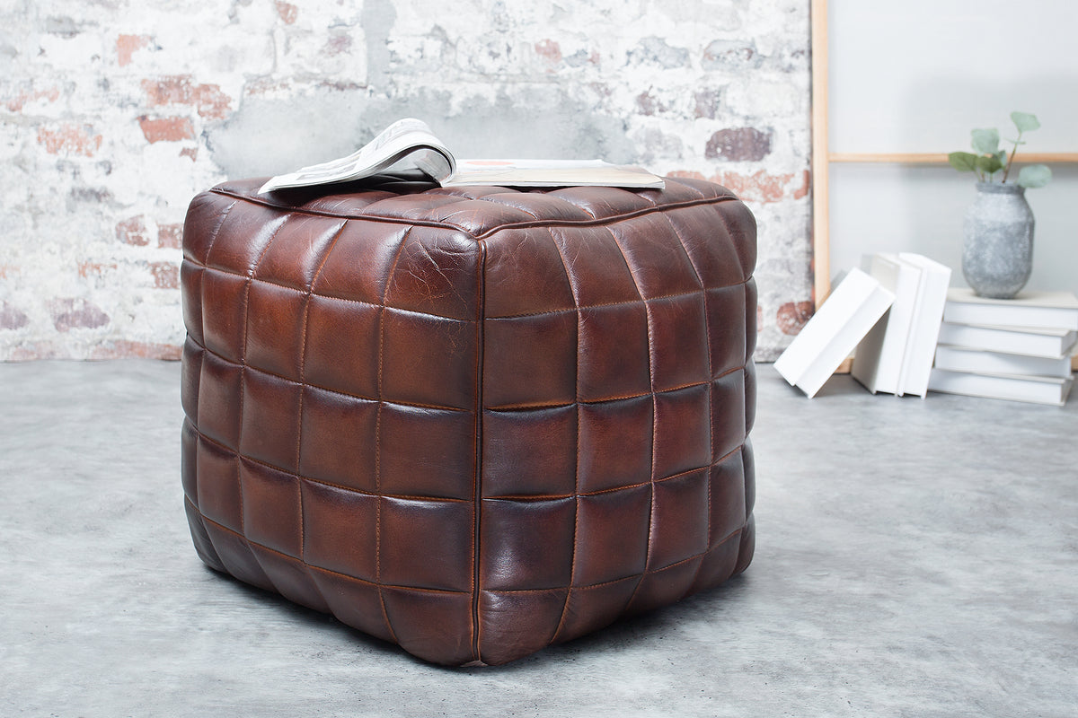 RIDER Retro Hocker 40cm braun Echtleder mit Ziersteppung