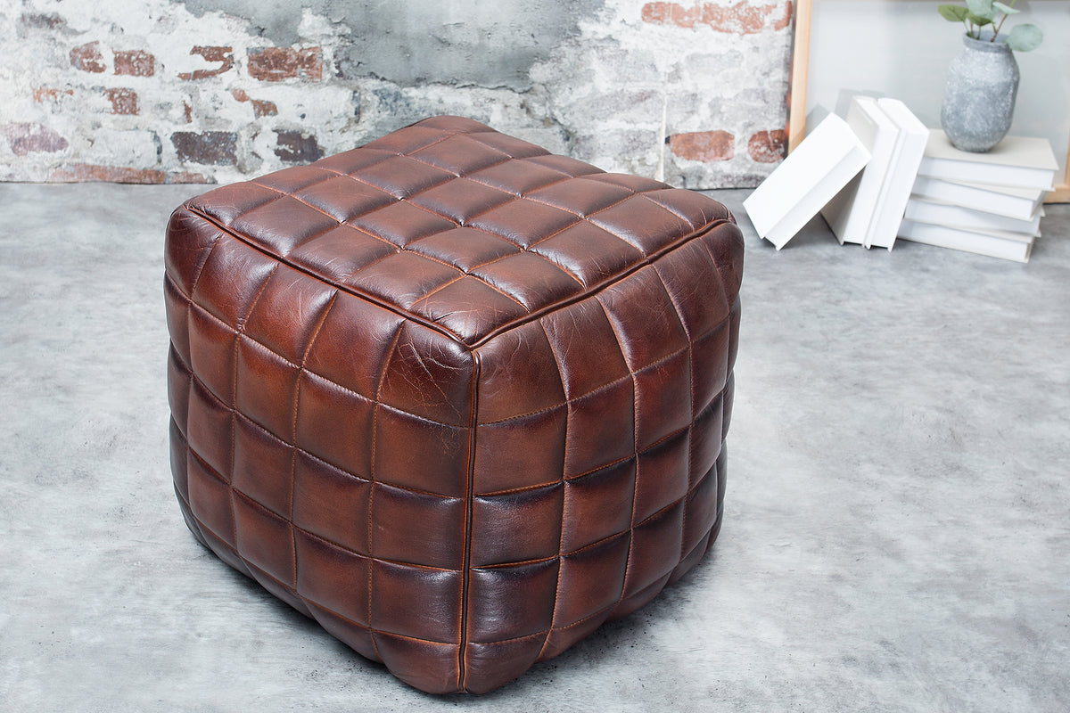 RIDER Retro Hocker 40cm braun Echtleder mit Ziersteppung