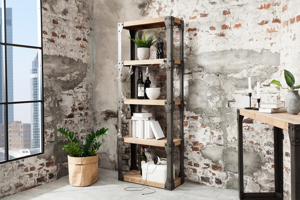 FACTORY Massives Industrial Bücherregal 180cm Akazie weiß gekälkt