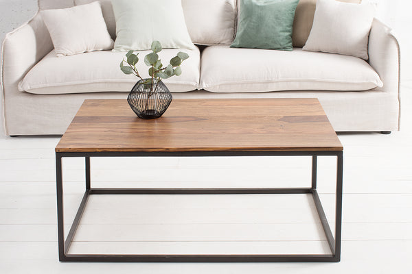ELEMENTS Design Couchtisch 100cm Sheesham stone finish Eisengestell schwarz matt Massivholz
