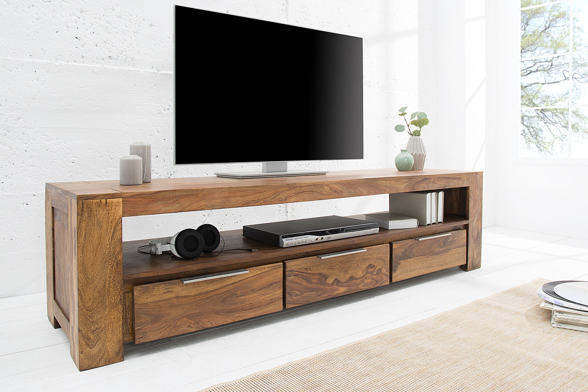 MAKASSAR Solid TV board 170cm Sheesham stone finish lowboard with three drawers