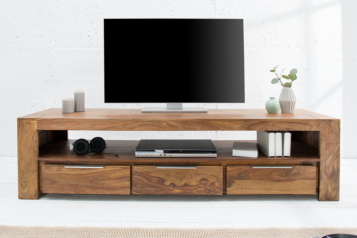 MAKASSAR Solid TV board 170cm Sheesham stone finish lowboard with three drawers