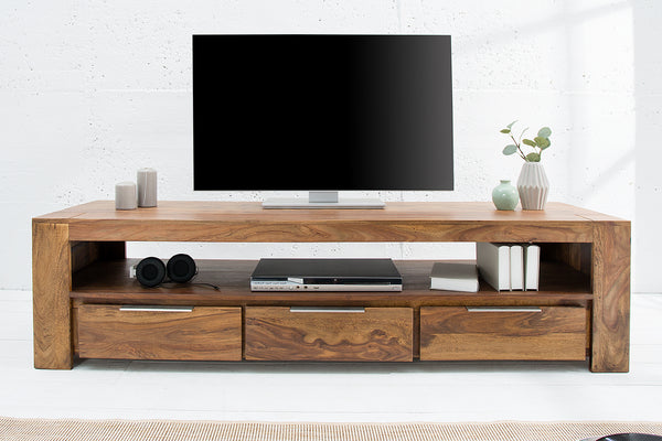 MAKASSAR Solid TV board 170cm Sheesham stone finish lowboard with three drawers
