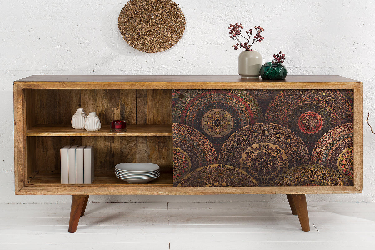 MANDALA Massives Sideboard 160cm Mangoholz mit Schiebetüren