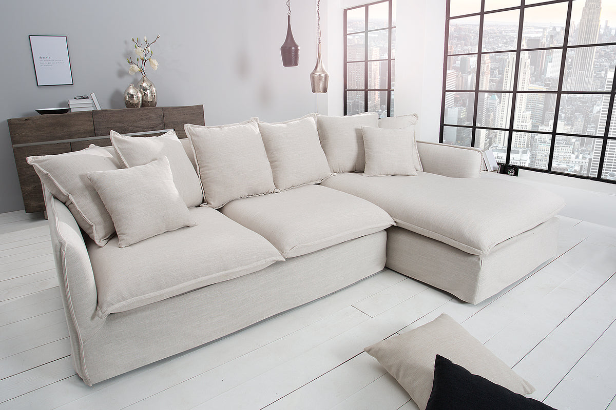 HEAVEN Großes Ecksofa 255cm grau Leinenstoff inkl. Kissen Landhausstil