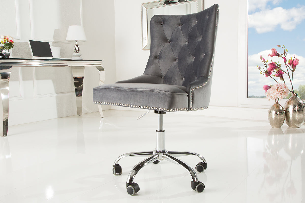 VICTORIAN Höhenverstellbarer Bürostuhl silbergrau Samt mit Chesterfield-Steppung