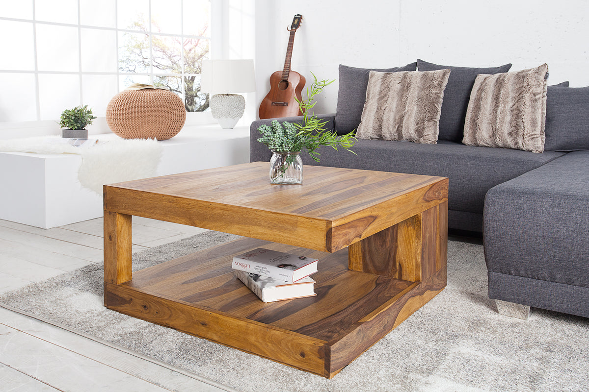 Design Couchtisch GIANT 80cm natur Sheesham Massivholz stone finish mit Ablage