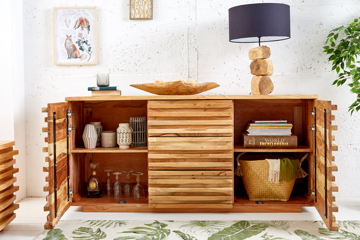 RELIEF Solid sideboard 160cm acacia wood with elaborate front